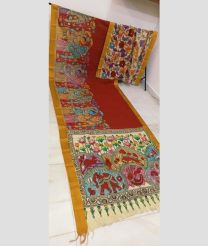Burgundy and Golden Yellow mangalagiri pattu sarees with All over Hand Paint Pen Kalamkari design