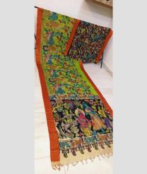 Parrot Green and Black mangalagiri pattu sarees with All over Hand Paint Pen Kalamkari design