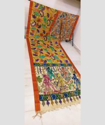 Lite Yellow and Orange mangalagiri pattu sarees with All over Hand Paint Pen Kalamkari design