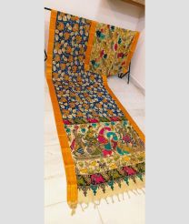 Navy Blue and Cream mangalagiri pattu sarees with All over Hand Paint Pen Kalamkari design