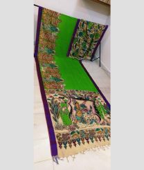 Parrot Green and Plum Purple mangalagiri pattu sarees with All over Hand Paint Pen Kalamkari design