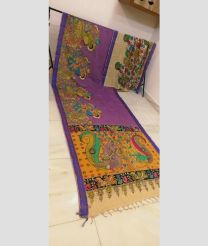 Lite Purple and Yellow mangalagiri pattu sarees with All over Hand Paint Pen Kalamkari design