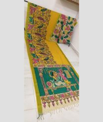 Yellow and Turquoise mangalagiri pattu sarees with All over Hand Paint Pen Kalamkari design