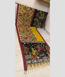 Yellow and black mangalagiri pattu sarees with All over Hand Paint Pen Kalamkari design