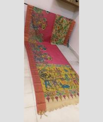 Rose Pink and Lite Yellow mangalagiri pattu sarees with All over Hand Paint Pen Kalamkari design