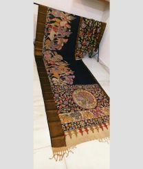 Black and Golden Brown mangalagiri pattu sarees with All over Hand Paint Pen Kalamkari design