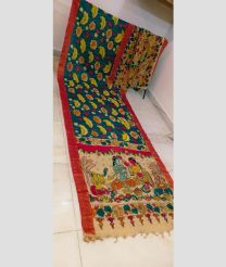 Teal and Pink mangalagiri pattu sarees with All over Hand Paint Pen Kalamkari design
