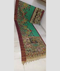 Tuquoise and Brown mangalagiri pattu sarees with All over Hand Paint Pen Kalamkari design