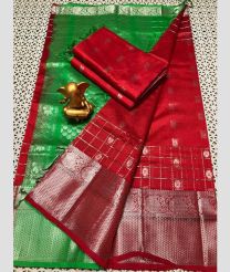 Green and Red mangalagiri pattu sarees with All over Checks and Buttas design