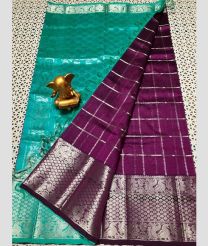 Turquoise and Magenta mangalagiri pattu sarees with All over Checks and Buttas design