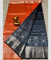 Orange and Dark Grey mangalagiri pattu sarees with All over Checks and Buttas design