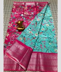 Turquiose and Pink mangalagiri pattu sarees with Kanchi Border design