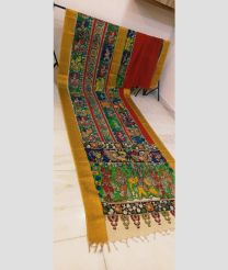 Green and Golden Yellow mangalagiri pattu sarees with All over Hand Paint Pen Kalamkari design