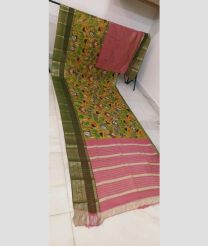 Green and Olive mangalagiri pattu sarees with All over Hand Paint Pen Kalamkari design