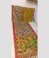 Cream and Yellow mangalagiri pattu sarees with All over Hand Paint Pen Kalamkari design