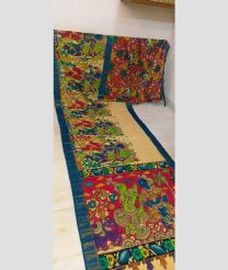 Cream and Blue Ivy mangalagiri pattu sarees with All over Hand Paint Pen Kalamkari design