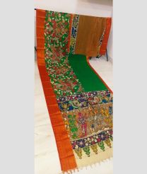 Green and Orange mangalagiri pattu sarees with All over Hand Paint Pen Kalamkari design