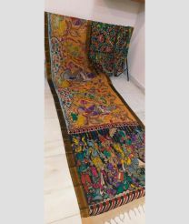 Yellow and Mehendi Green mangalagiri pattu sarees with All over Hand Paint Pen Kalamkari design