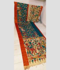 Blue Ivy and Orange mangalagiri pattu sarees with All over Hand Paint Pen Kalamkari design