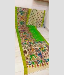 Parrot Green and Cream mangalagiri pattu sarees with All over Hand Paint Pen Kalamkari design