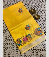 Yellow and Green mangalagiri pattu sarees with All over Printed design