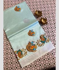 Lite Sky Blue and Cream mangalagiri pattu sarees with All over Printed design