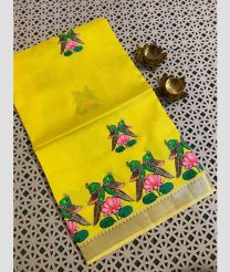 Yellow and Pink mangalagiri pattu sarees with All over Printed design