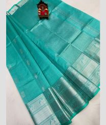 cyan colour mangalagiri pattu sarees with Kanchi Border design