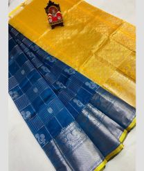 yellow and blue colour mangalagiri pattu sarees with Kanchi Border design