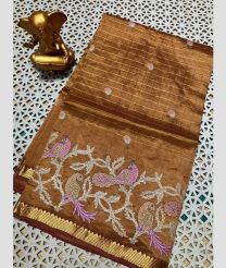 brown colour mangalagiri pattu sarees with All over Checks design