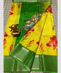 yellow and green colour mangalagiri pattu sarees with Kanchi Border design