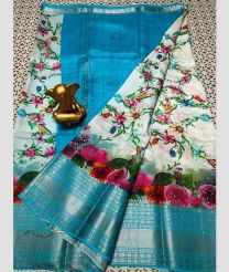 cyan blue and white colour mangalagiri pattu sarees with Kanchi Border design