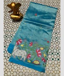 cyan colour mangalagiri pattu sarees with All over Embroidary design