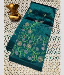 teal colour mangalagiri pattu sarees with All over Embroidary design