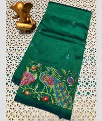 dark green colour mangalagiri pattu sarees with All over Embroidary design