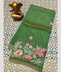 green colour mangalagiri pattu sarees with All over Embroidary design