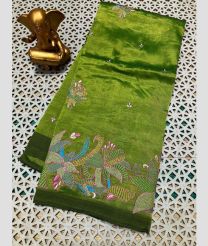 olive green colour mangalagiri pattu sarees with All over Embroidary design
