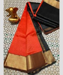 coral and charcoal colour mangalagiri pattu sarees with Plain design