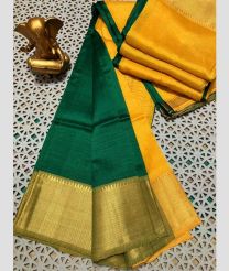 green and yellow colour mangalagiri pattu sarees with Plain design
