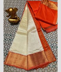 white and orange colour mangalagiri pattu sarees with Plain design