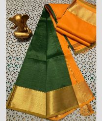 green and orange colour mangalagiri pattu sarees with Plain design