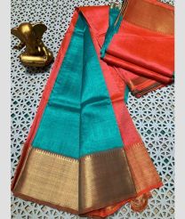 cyan and  coral red colour mangalagiri pattu sarees with Plain design