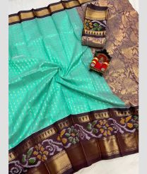 cyan blue and brown colour mangalagiri pattu sarees with Pochampally Border design