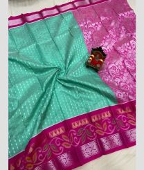 cyan and silver colour mangalagiri pattu sarees with Pochampally Border design