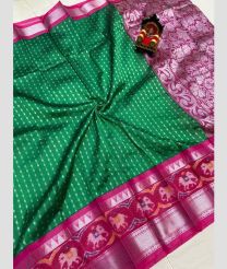 green and silver colour mangalagiri pattu sarees with Pochampally Border design