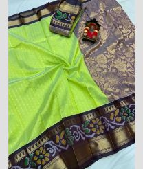 light green and brown colour mangalagiri pattu sarees with Pochampally Border design