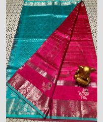 cyan blue and magenta red colour mangalagiri pattu sarees with Kanchi Border design