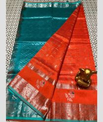 orange and cyan blue colour mangalagiri pattu sarees with Kanchi Border design