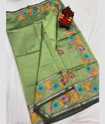 green colour mangalagiri pattu sarees with All over Printed design