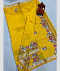 orange colour mangalagiri pattu sarees with All over Printed design